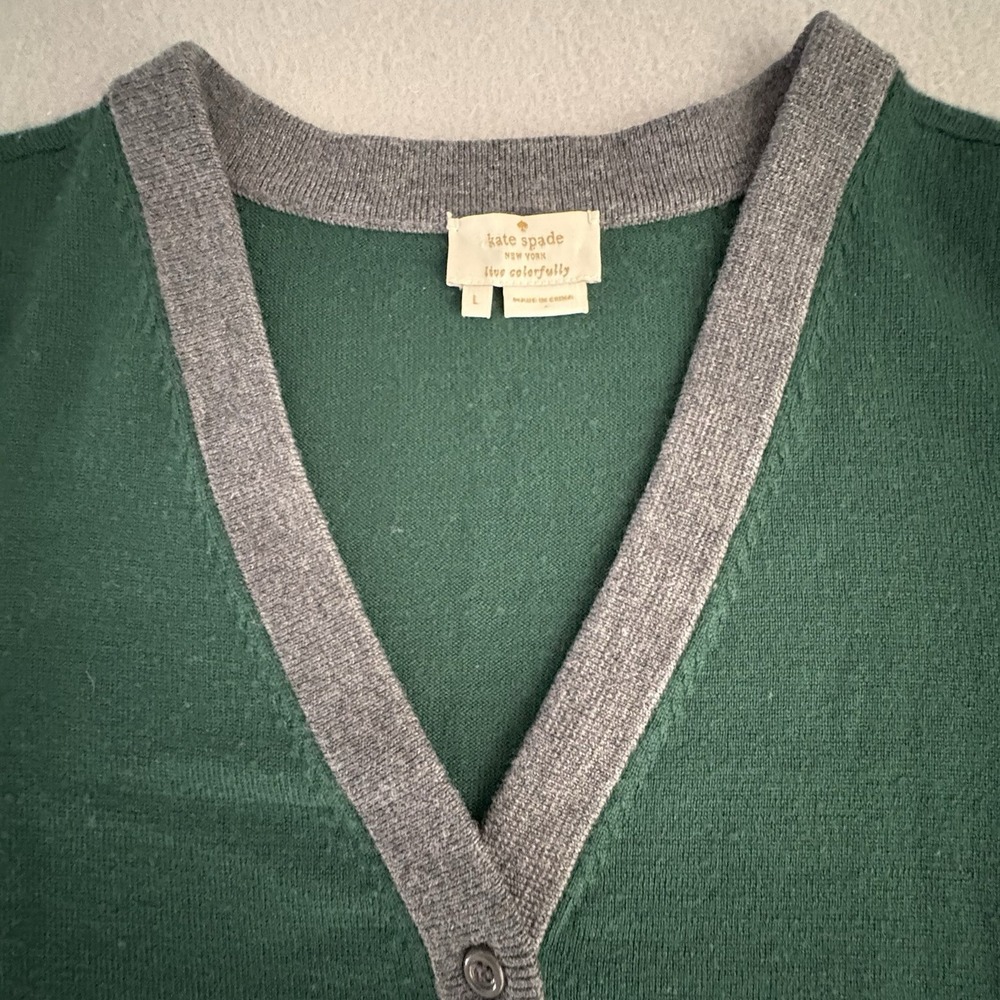 Kate Spade New York Women Large Wool Colorblock Cardigan Green Gray Cream - Picture 4 of 11